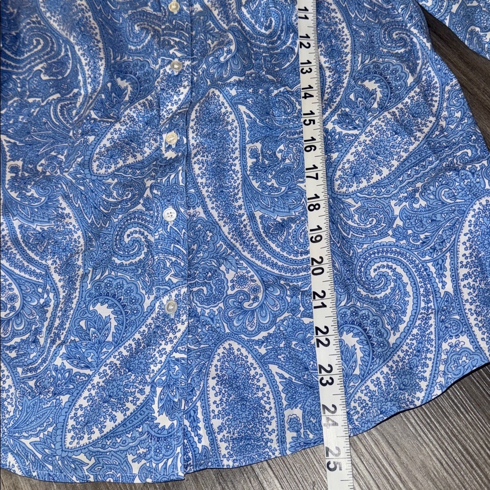 Talbots 8 petite paisley Button Down Blue Shirt Top blouse work wear white - Picture 4 of 7